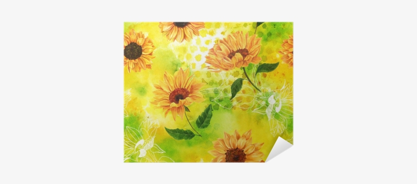 Seamless Pattern With Watercolor Sunflowers On Yellow-green - Watercolor Painting, transparent png #881279