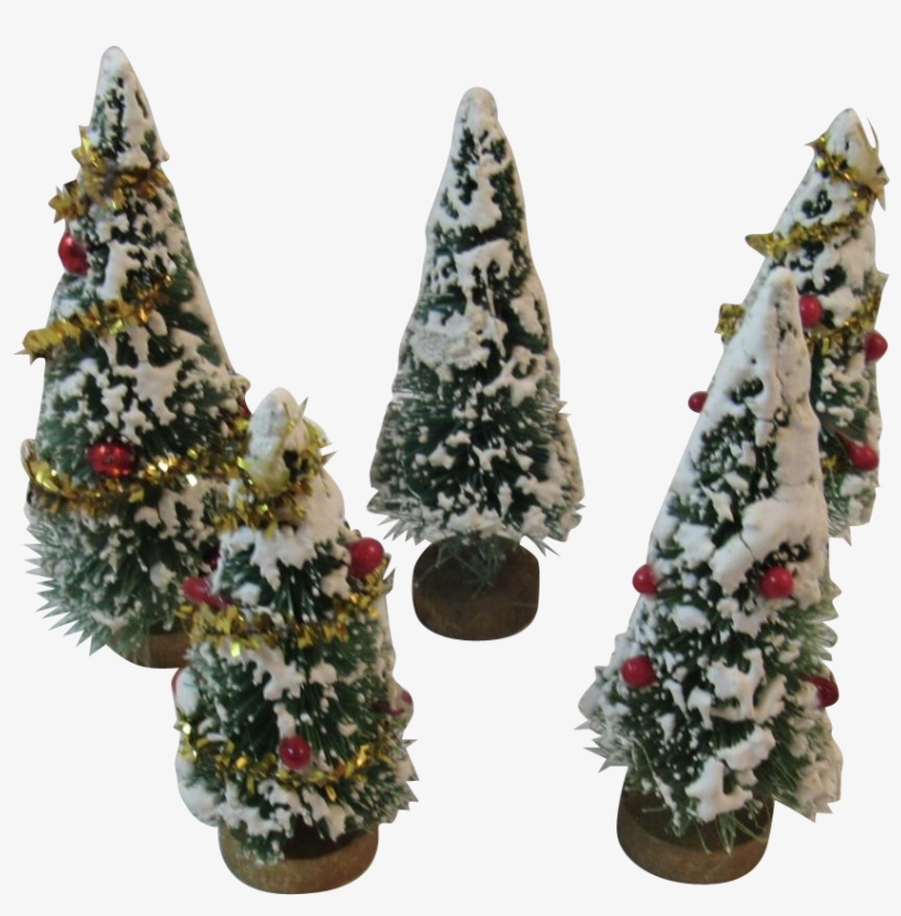 5 Flocked Bottle Brush Trees Tinsel Berries And Mercury - Christmas Tree, transparent png #8808407