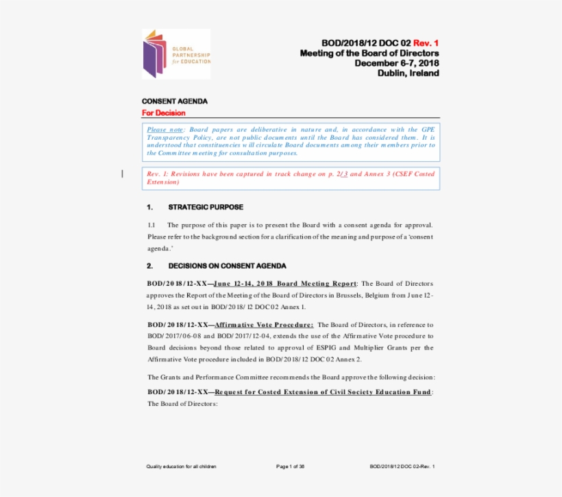 Consent Agenda For Board Of Directors' Meeting - Global Partnership For Education, transparent png #8810610