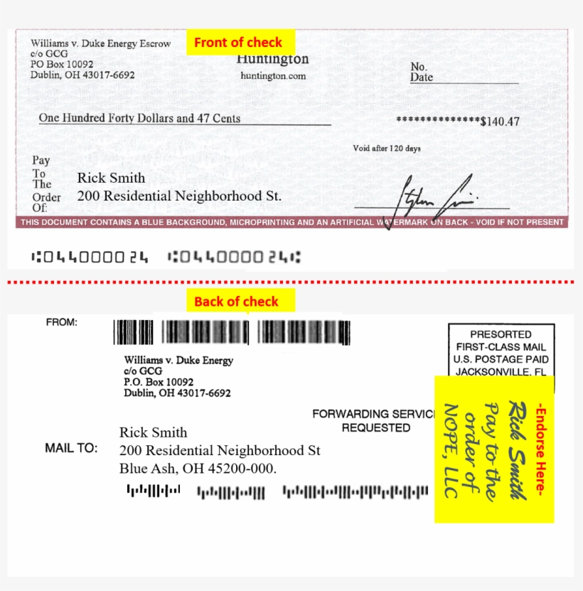 Duke Settlement Check How To Endorse - Document, transparent png #8815410