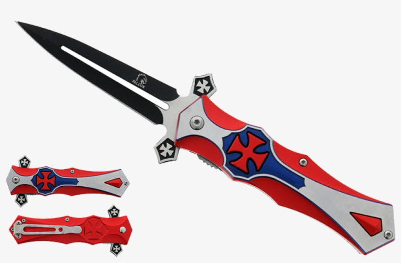 Falcon 8" Spring Assisted Iron Cross Knife Blue - Hunting Knife, transparent png #8902275
