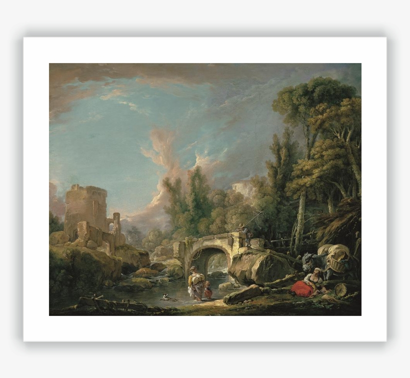 River Landscape With Ruin And Bridge, transparent png #8913153