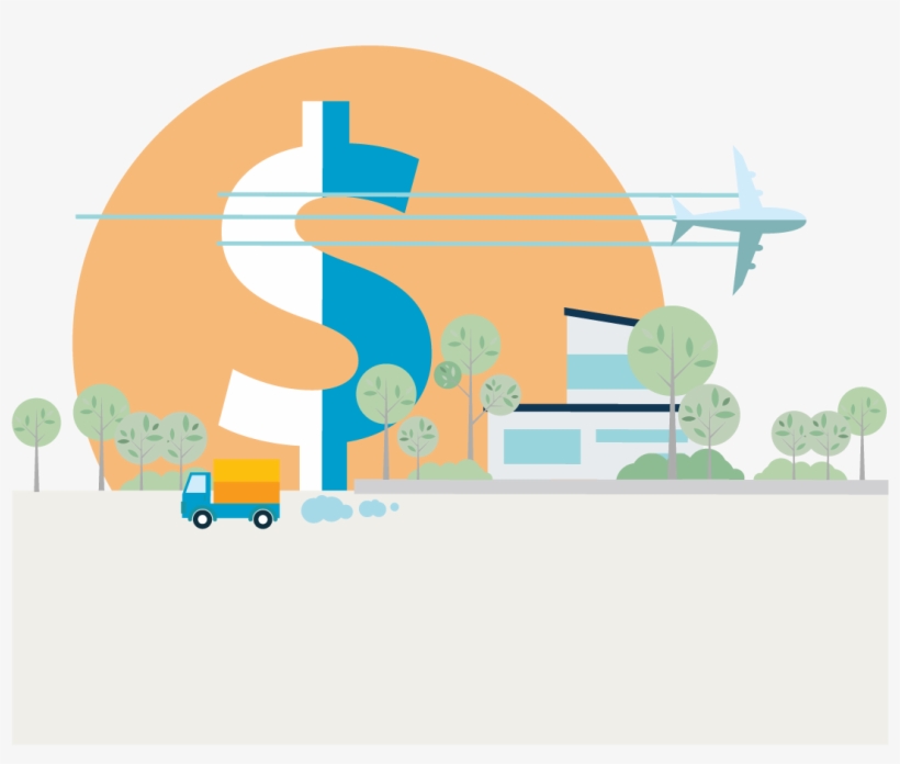 House With Truck, Airplane, Trees And Dollar Sign - Graphic Design, transparent png #8930588