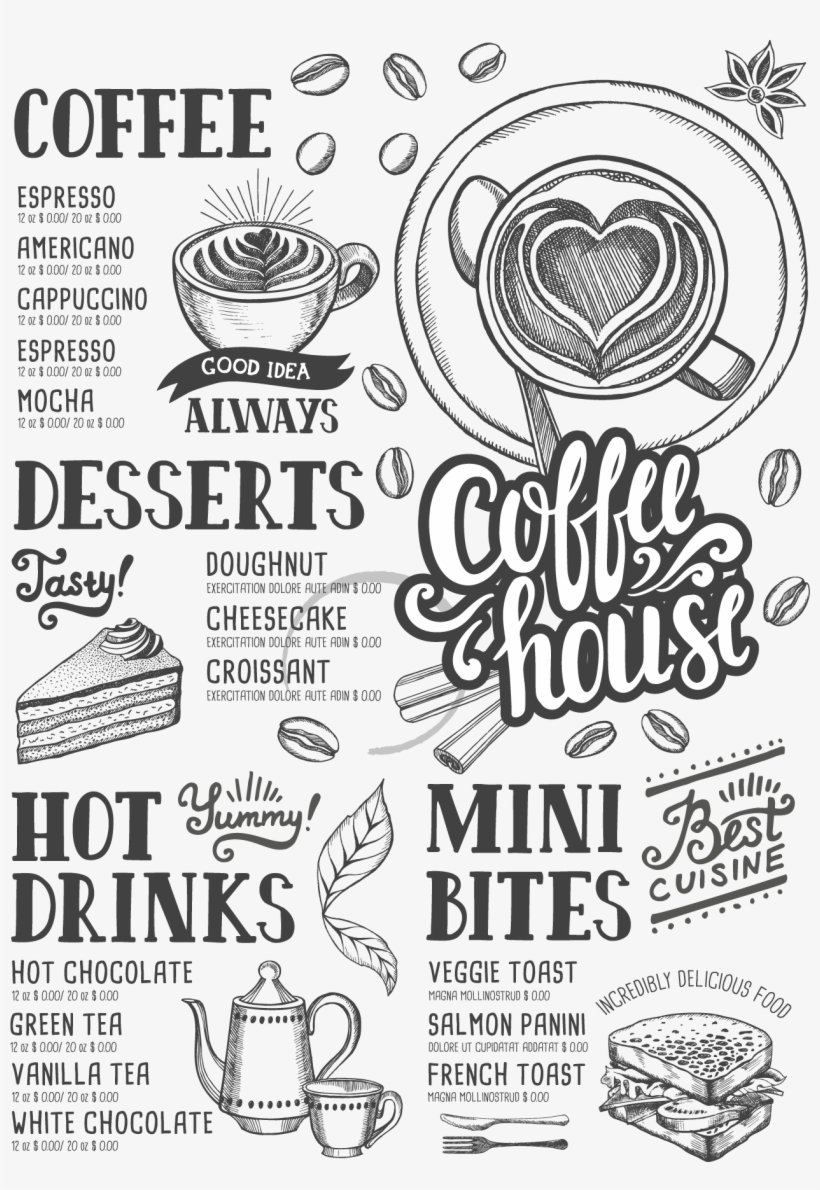 Jpg Black And White Coffee Tea Cafe Hamburger Shop - Menu Coffee Free Vector Download, transparent png #8931393