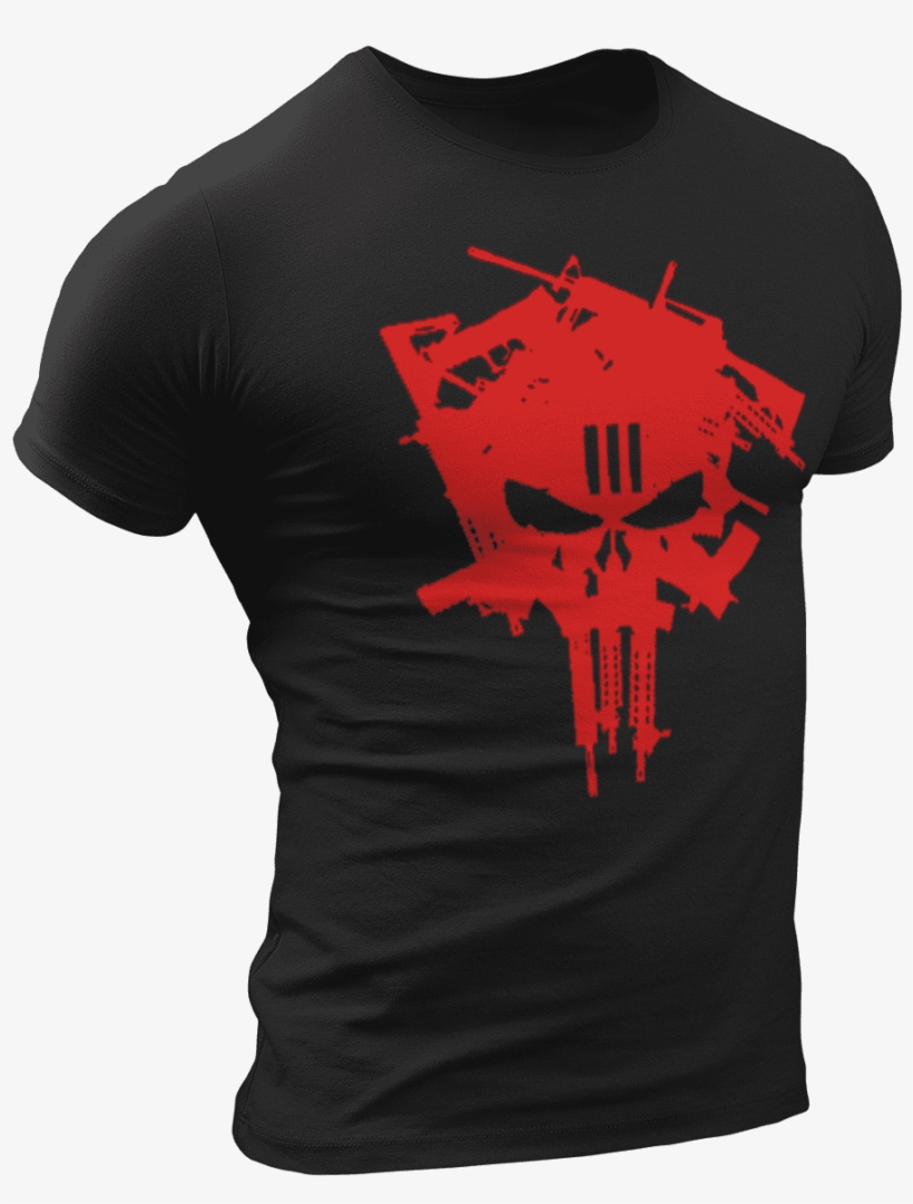 T Shirt Solid Black / L Red Skull Guns T Shirt - Active Shirt, transparent png #8932935