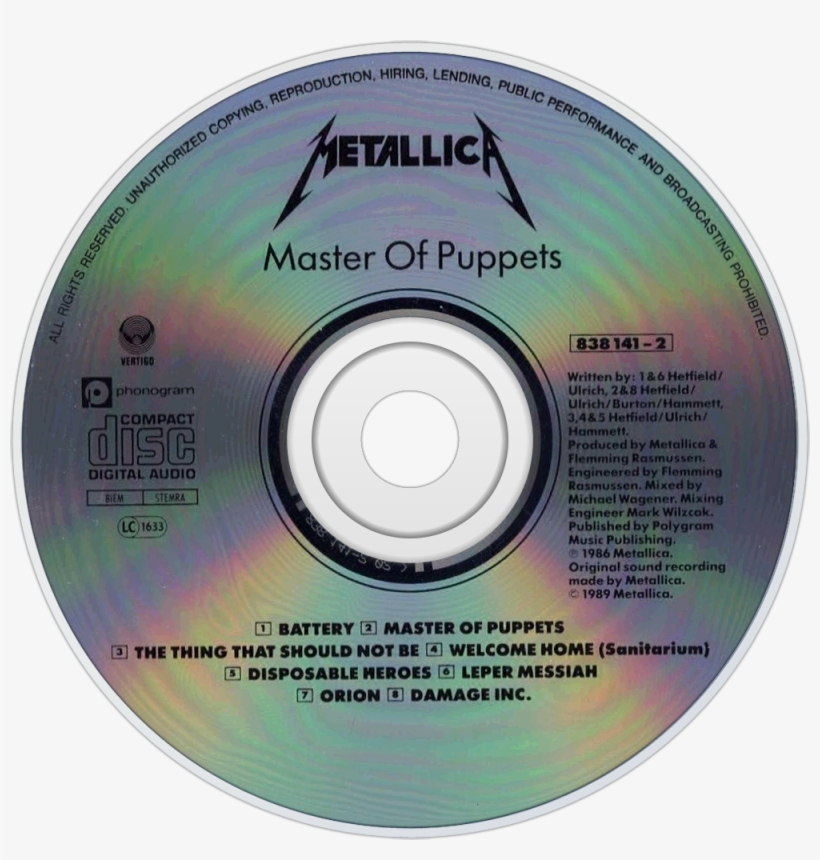Master Of Puppets Marks The Last Metallica Album With - Metallica Master Of Puppets 1986 Cd, transparent png #8940678