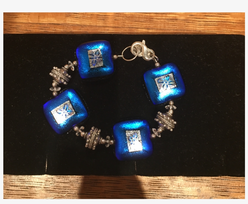 Blue Square Flower Etched High Glass Bead Bracelet - Wood, transparent png #8952619