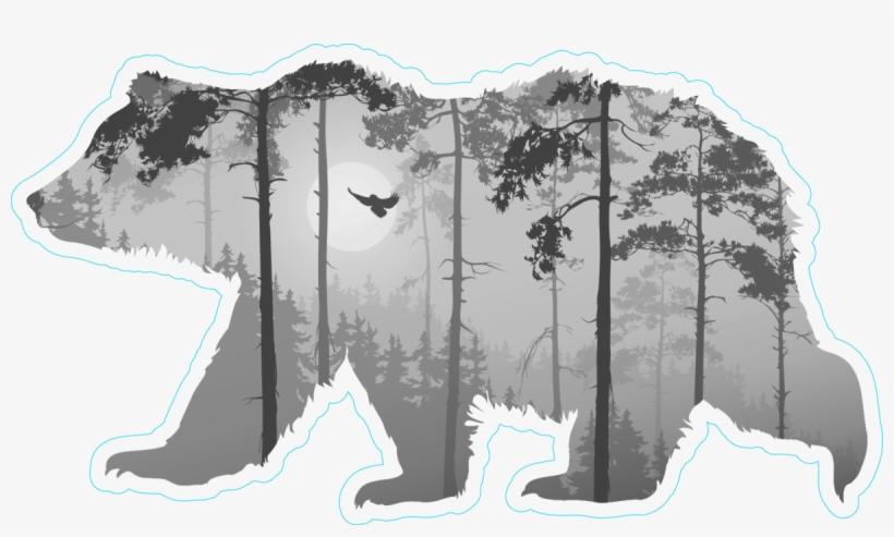 Forest With A Flying Owl In Bear Silhouette Sticker - Sort Hvid Plakat, transparent png #8953936