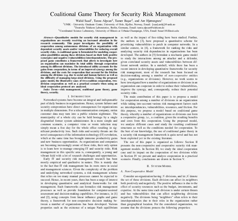 Coalitional Game Theory For Security Risk Management - Document, transparent png #8965874