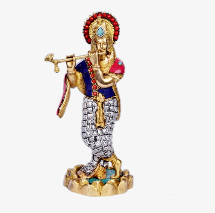Krishna With Silver Stone Work Brass 11" Inches - Statue, transparent png #8982398