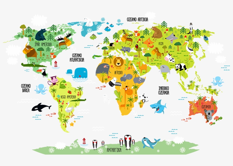 Vinilo Habitación Infantil Mundo Animales Euskera - World Map For Kids, transparent png #8995035