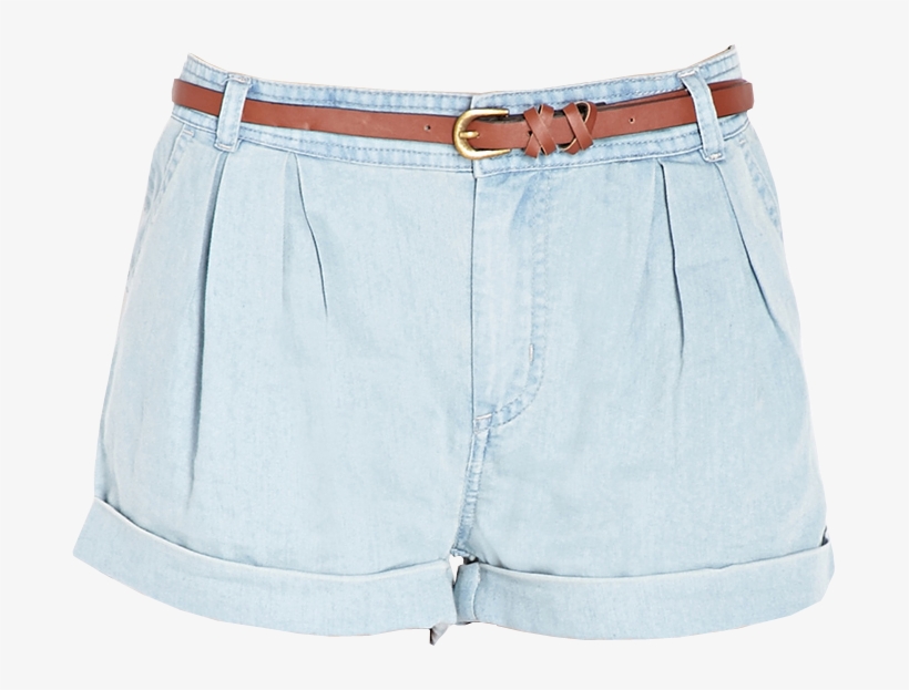 Pleated Chambray Shorts W/ Belt - Pocket, transparent png #8999515