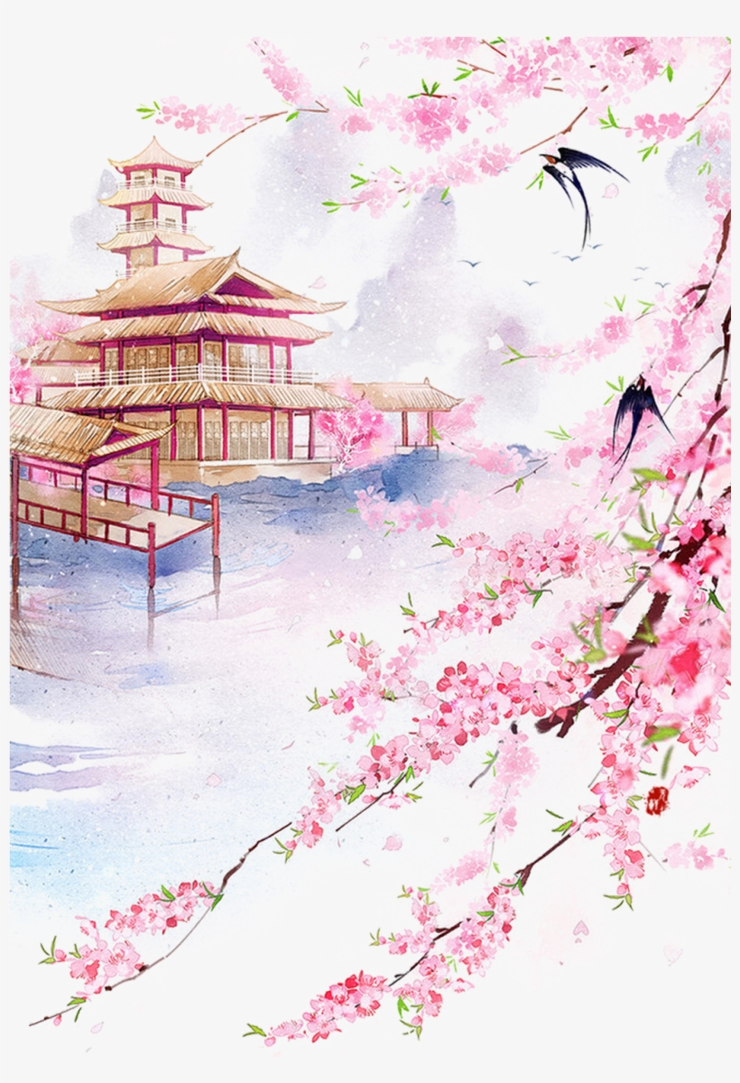 Drawing Chinese Watercolor - Cherry Blossom Bridge Landscape Drawings, transparent png #90731