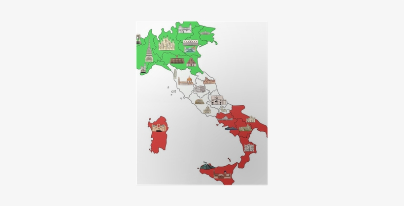 Map Of Italy With Sights In Watercolor Poster • Pixers® - Italy Map With Landmarks, transparent png #91051