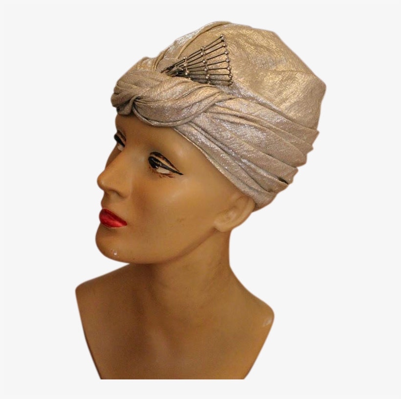 Vintage Art Deco 20s/30s Gold Lame' Turban Hat W/rhinestone - Headpiece, transparent png #93987