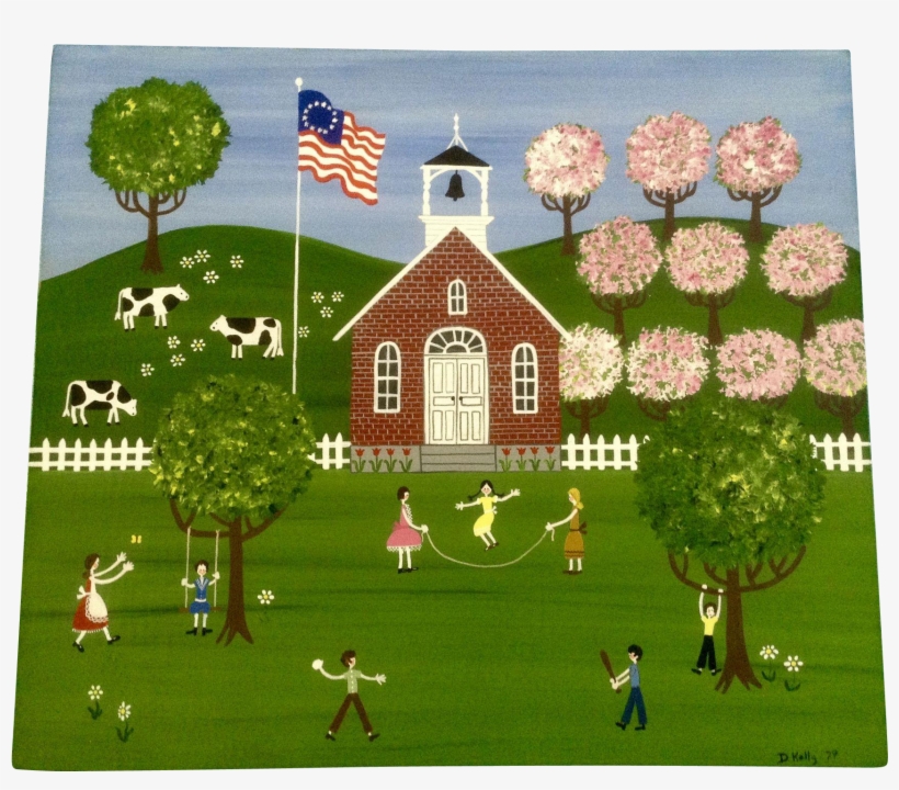 D Kelly, Folk Art Painting Of Children Playing In A - Folk Art School, transparent png #99748