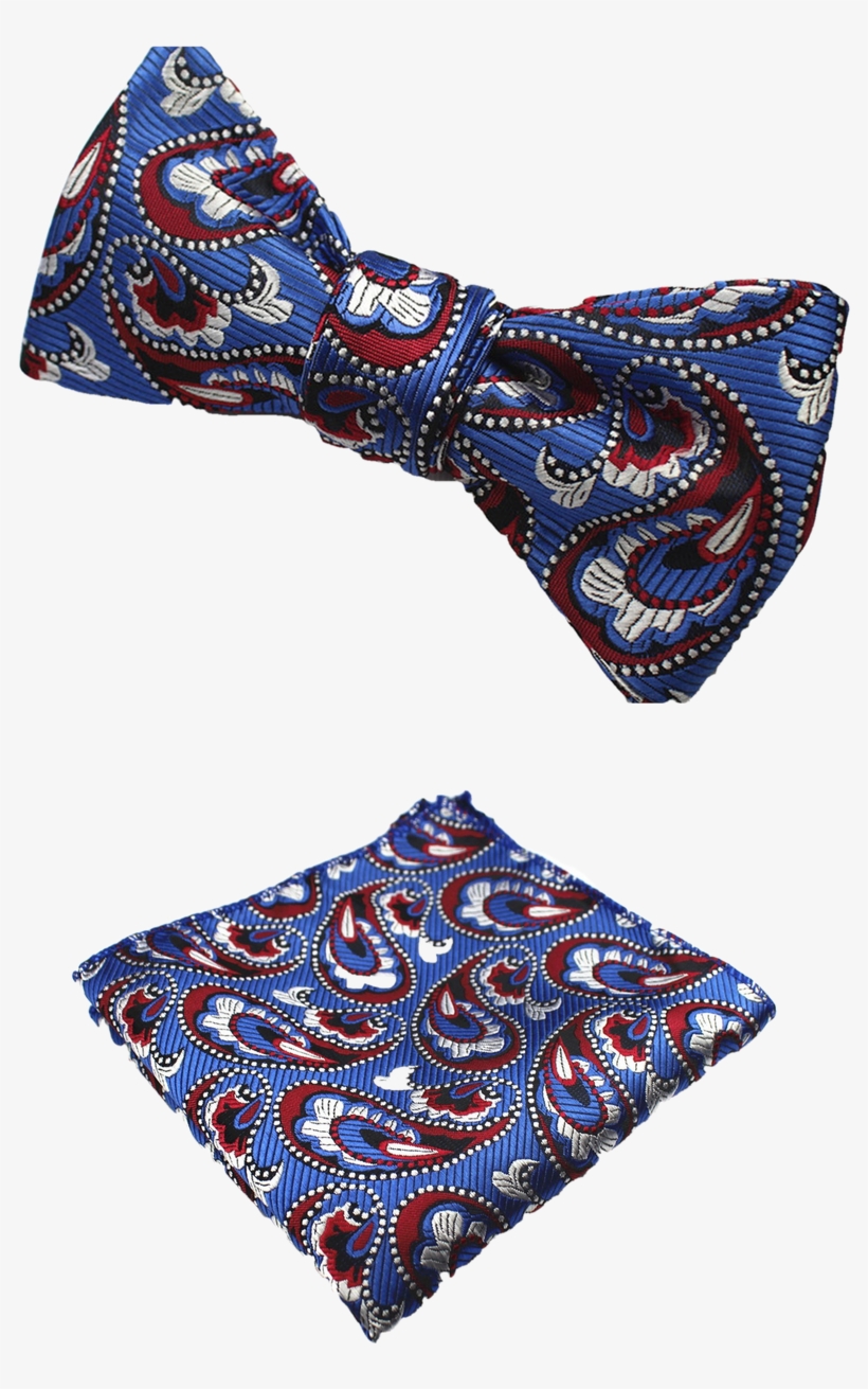 Blue, Red Paisley Bow Tie And Pocket Square - Silk, transparent png #9003430