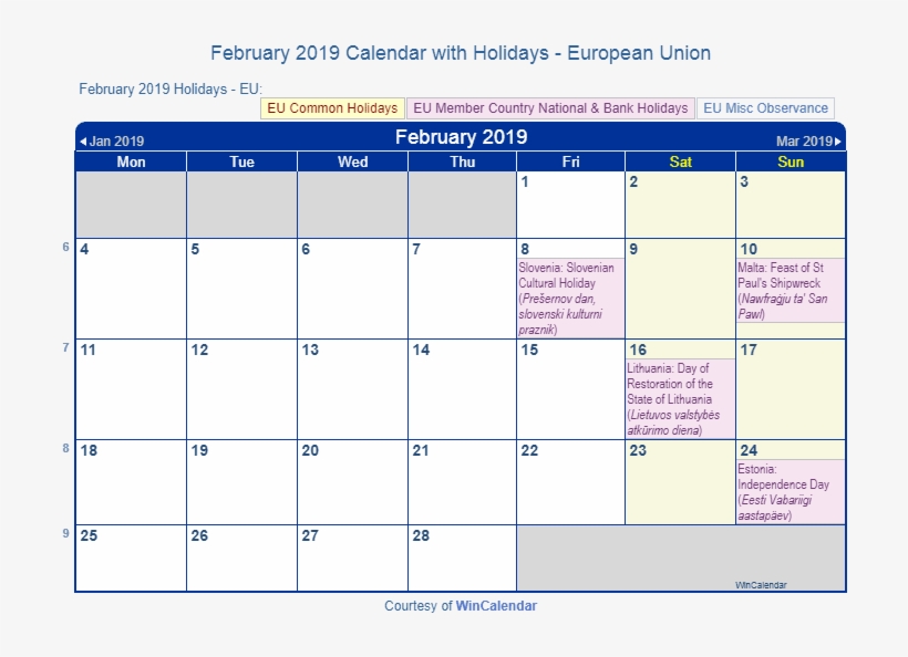 February 2019 Holidays Calendar - Calendar With Canadian Holidays 2019, transparent png #9017260