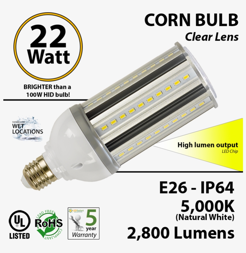 100w Hid Replacement Bulb 24 Watt Led Corn Light 2800lm - Fluorescent Lamp, transparent png #9017651