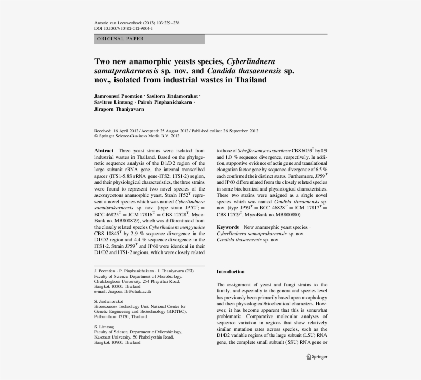 Two New Anamorphic Yeasts Species, Cyberlindnera Samutprakarnensis - Document, transparent png #9022118