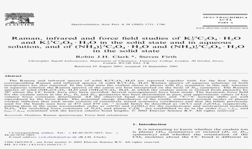 Raman, Infrared And Force Field Studies Of K212c2o4h2o - Document, transparent png #9026644