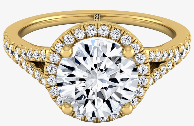 Round Diamond Halo Engagement Ring With 18k Yellow - Princess Cut Engagement Ring Diamond Gold, transparent png #9029215