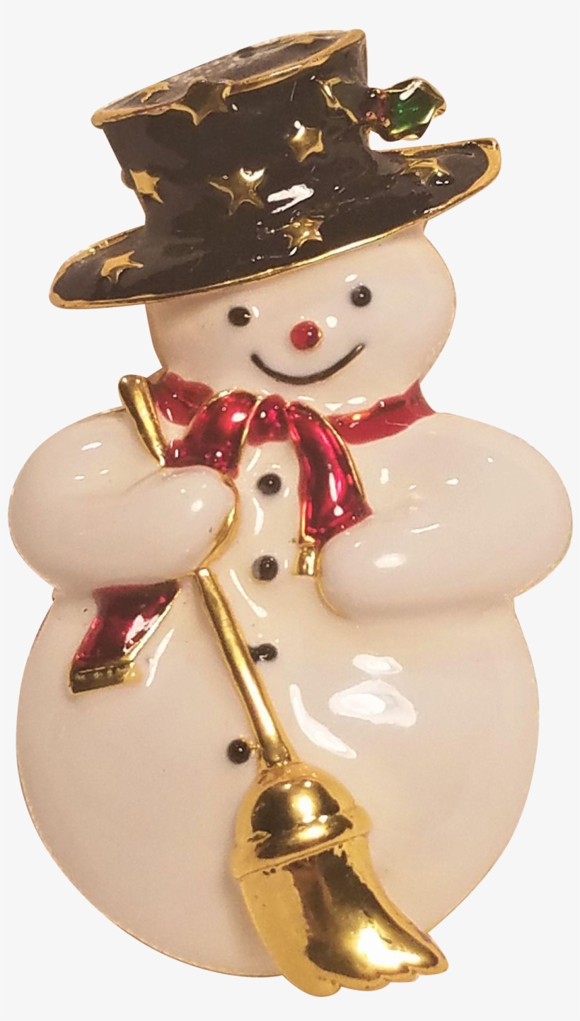 Vintage Christmas Snowman Pin With Broom Scarf And - Figurine, transparent png #9037251