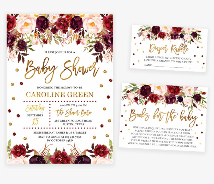 Marsala And Gold Floral Baby Shower Invitation Pack - Floral Design, transparent png #9064380