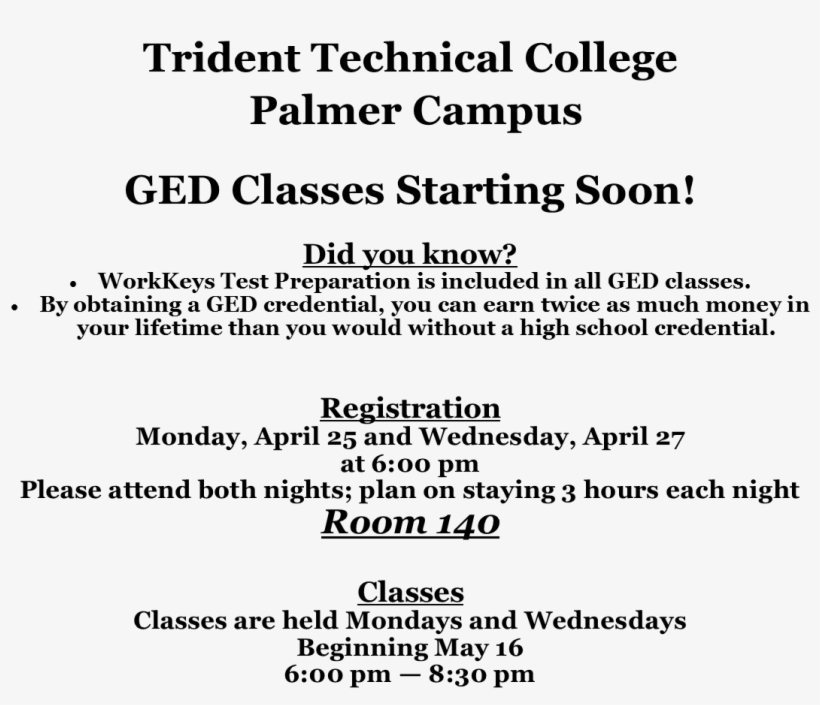 Ged Classes At Palmer Campus Starting Soon - Document, transparent png #9076260