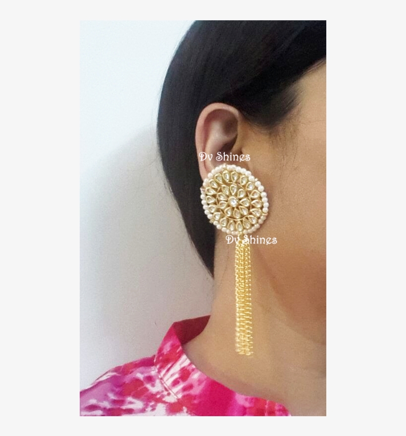 Big Flower Stud With Gold Chain Earrings,kundan Earrings,ethnic - Kundan Big Stud Earrings, transparent png #9085199