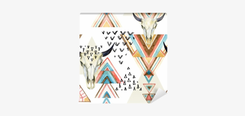 Abstract Watercolor Animal Skull And Geometric Ornament - Watercolor Background Aztec, transparent png #919090