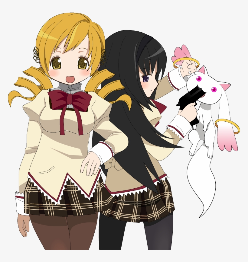 Akemi Homura, Kyubey, And Tomoe Mami Drawn By - Cartoon, transparent png #9113860