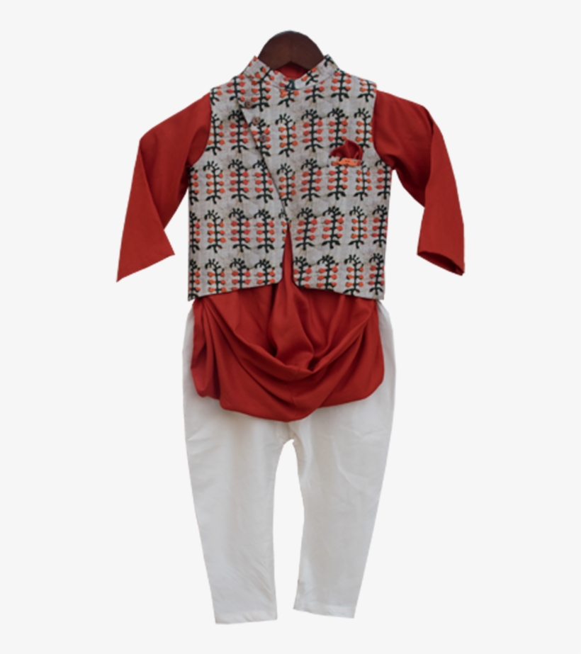 Red Kurta With Printed Nehru Jacket - Blouse, transparent png #9141941
