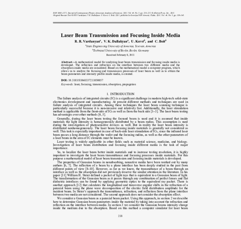 Laser Beam Transmission And Focusing Inside Media - Document, transparent png #9155315