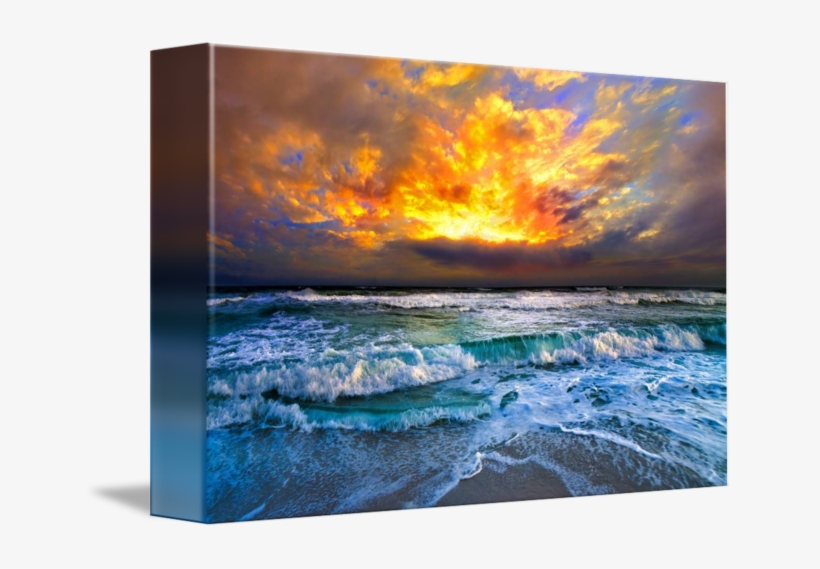 Red Over Ocean Orange And Waves By - Painting Of Sky And Sea, transparent png #9198344