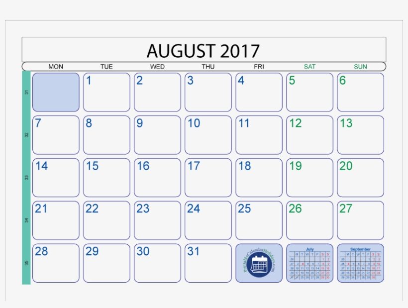 2017 Printable Calendar With Holidays - August Calendar 2017 Transparent, transparent png #9198693