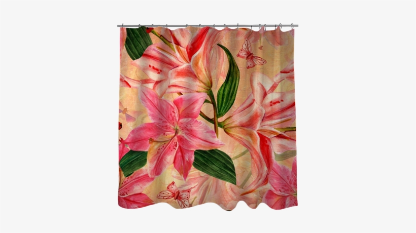 Seamless Golden Pattern With Watercolor Lilies And - Tender Pink Lilies And Butterflies Round Pill Box/pill, transparent png #923190