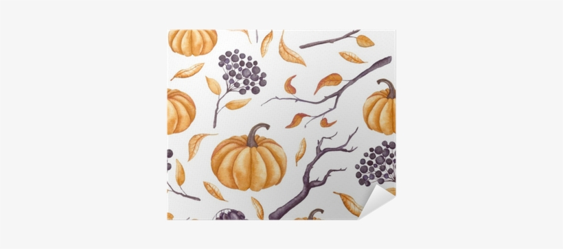 Seamless Pattern Of Watercolor Pumpkins, Leaves And - Watercolor Painting, transparent png #923780