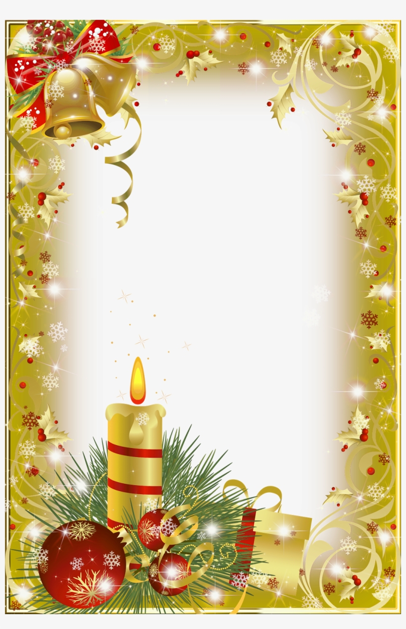 Christmas Frame With Bells And Candle And Ornament - Gold Christmas Frame Png, transparent png #924145