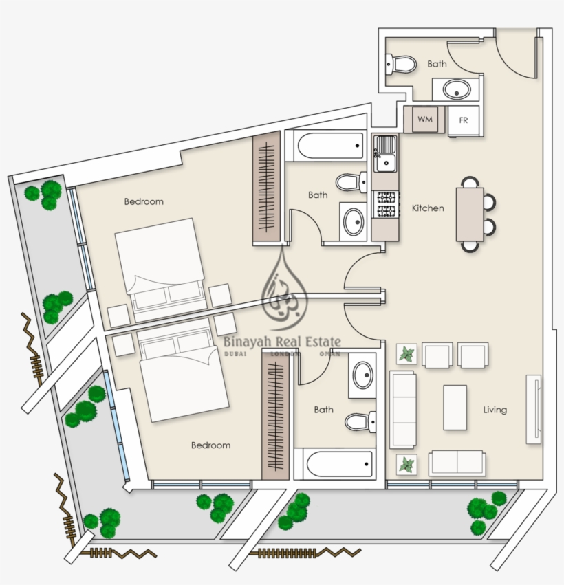 Platinum Residences 2 Bedroom Apartment Type 1 Floor - Floor Plan Dubai Apartment, transparent png #9205993