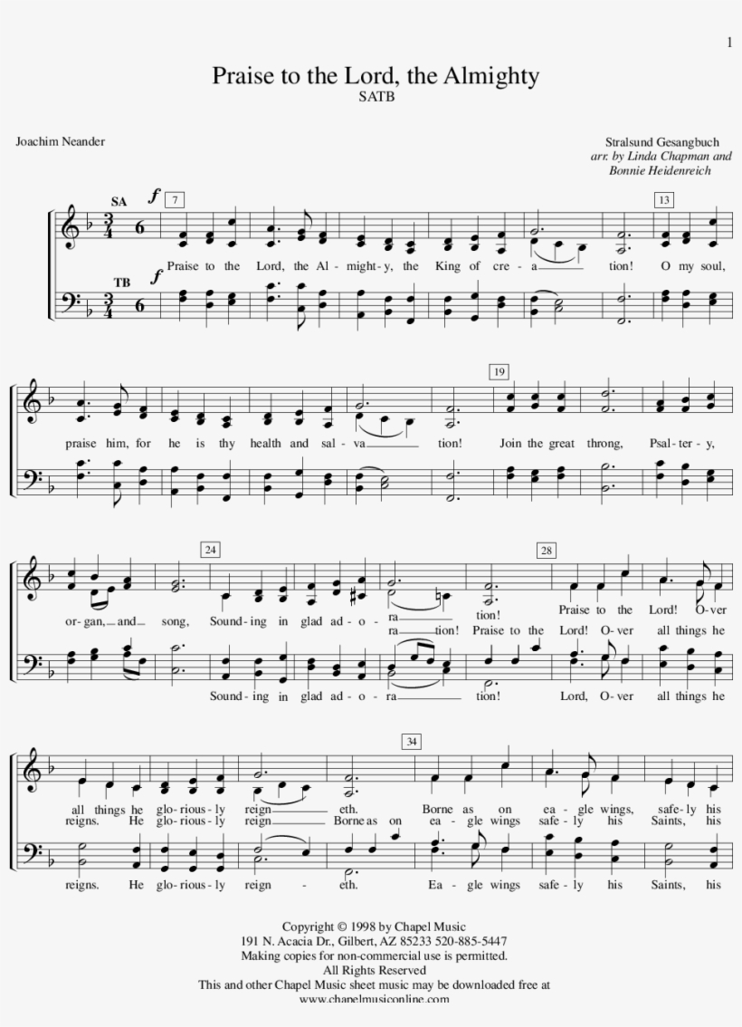Praise To The Lord, The Almighty - Sheet Music, transparent png #9209018