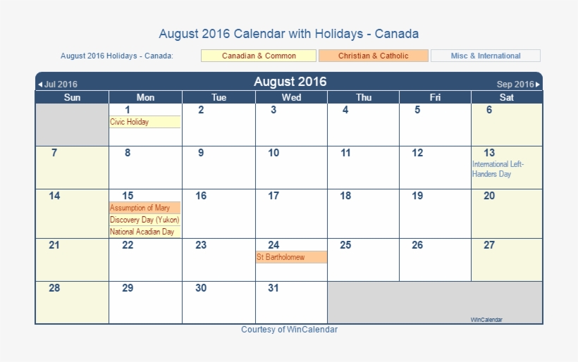 August 2016 Calendar With Canada Holidays - Holidays In August Canada, transparent png #9246077