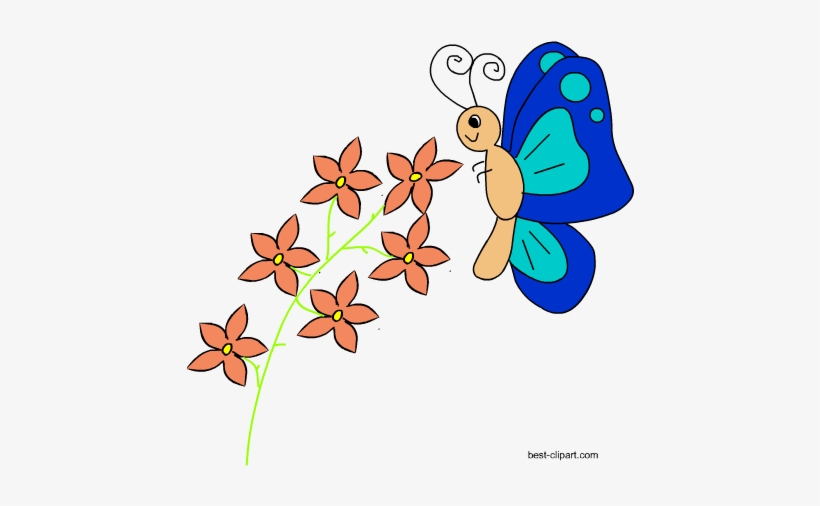 Blue Butterfly And Flowers Clip Art - Blue, transparent png #933681