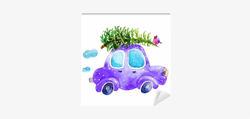 Watercolor Winter Retro Car With Christmas Tree And - Christmas Tree On Car Drawing, transparent png #935881