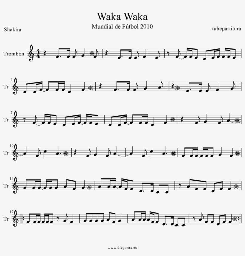 Sheet Music For Trombone Waka Waka Music Score For - Waka Waka Violin Sheet Music, transparent png #9386391