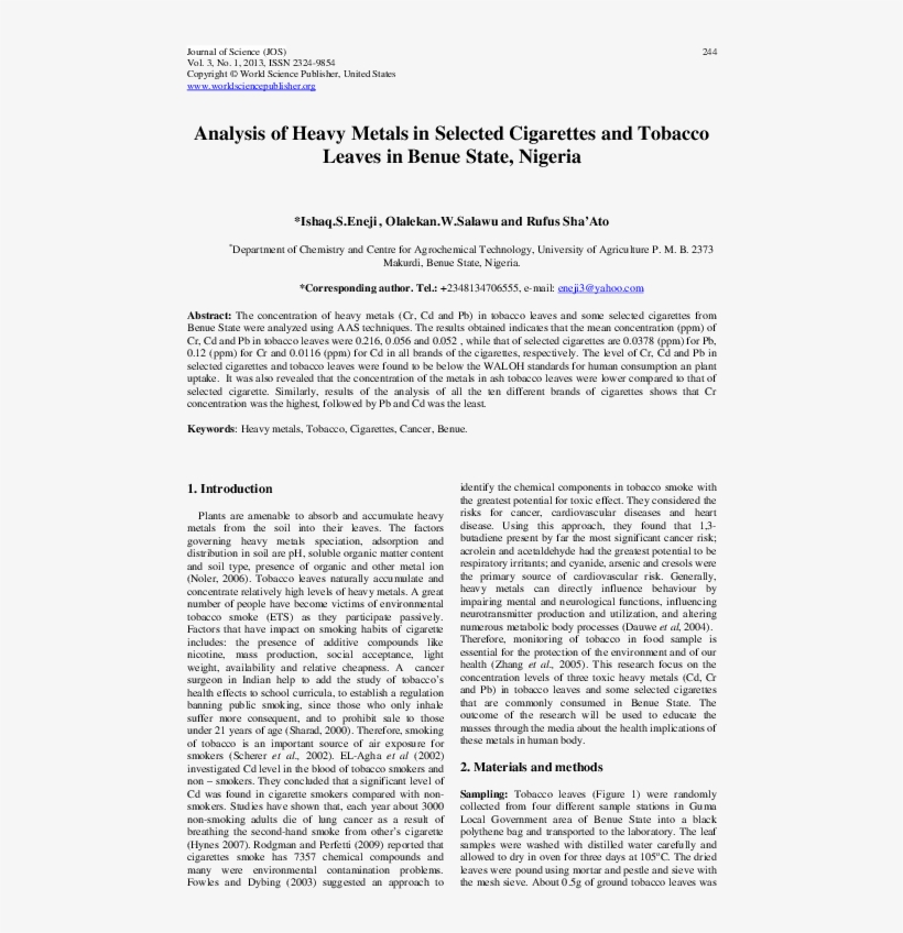 Analysis Of Heavy Metals In Selected Cigarettes And - Document, transparent png #9388343