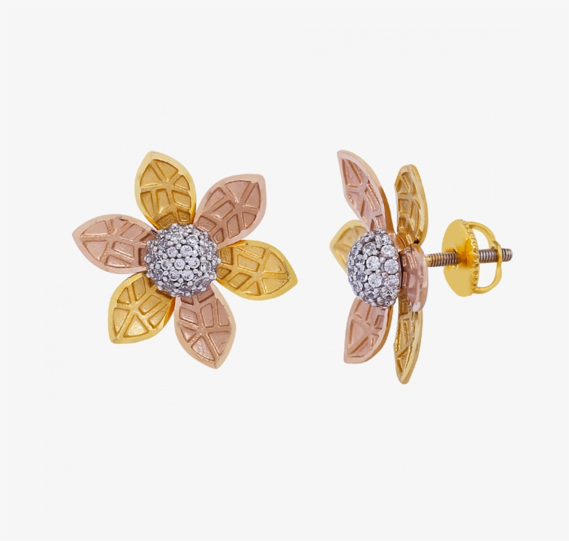 Elegent Multi Tone With Studded Gold Flower Earrings - Earrings, transparent png #9392269
