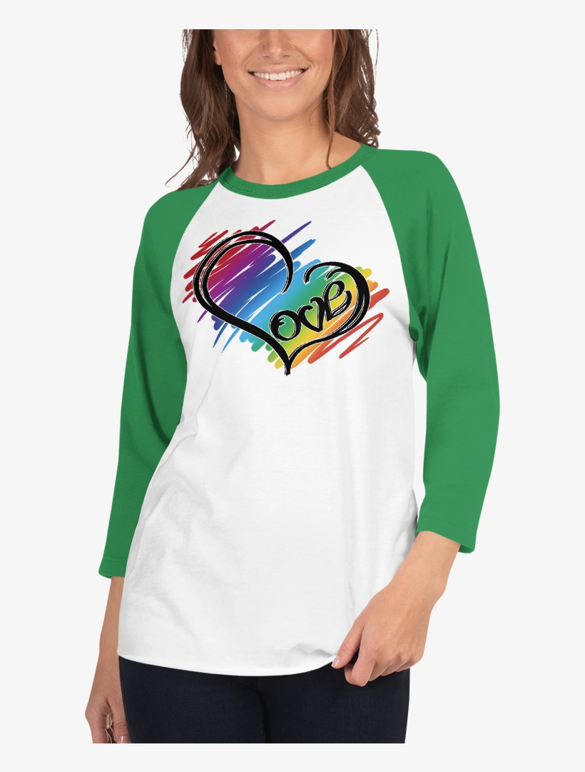 Rainbow Love Heart 3/4 Sleeve Raglan Shirt - Raglan Sleeve, transparent png #9397922