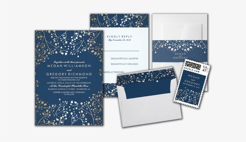 Baby's Breath Gold Foil Navy Wedding Invitations Suite - Der Atem-einfache Hochzeit Des Marine-und Karte, transparent png #941388