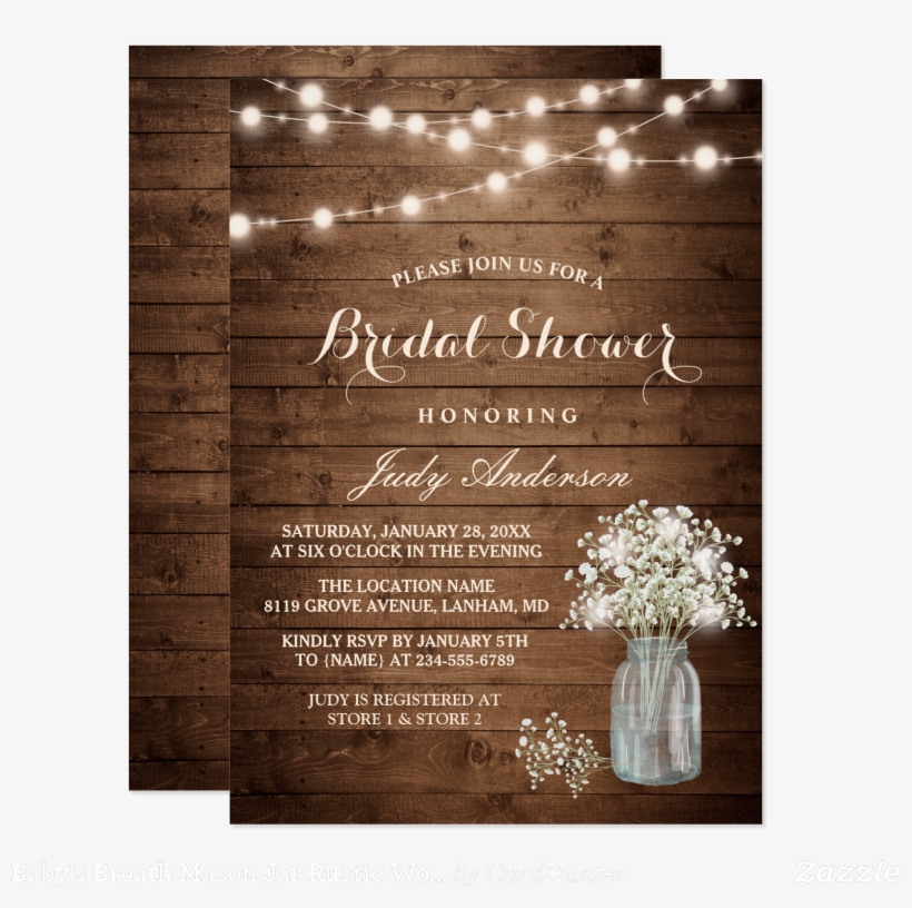 Baby's Breath Mason Jar Rustic Wood Bridal Shower Card - Rustic Engagement Party Invitations, transparent png #941523